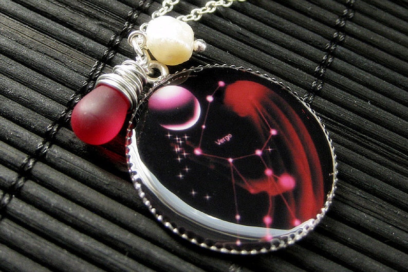 Virgo Necklace. Sun Sign Zodiac Jewelry with Clouded Red Teardrop and Fresh Water Pearl. Handmade Jewelry. image 1