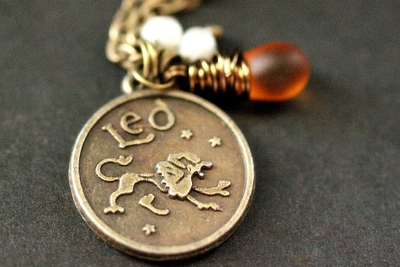 Leo Necklace. Zodiac Necklace. Sun Sign Charm Necklace with Glass Teardrop and Pearls. Handmade Jewelry.