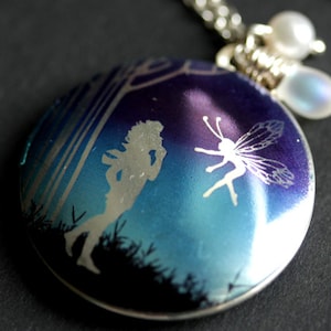 Fairy Locket Necklace. Purple and Blue Fairy Necklace with Glass Teardrop and Fresh Water Pearl. Fairy Jewelry. Silver Locket.