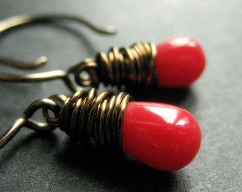 BRONZE Earrings - Red Coral Earrings. Teardrop Earrings. Wire Wrapped Earrings. Handmade Jewelry.