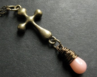 Bronze Cross Necklace. Pink Coral Necklace. Teardrop Pendant Necklace. Christian Necklace. Handmade Jewelry.