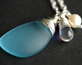 Seaglass Necklace. Wing Necklace. Sea Glass Necklace. [Choose Your Color] Frosted Glass Necklace. Handmade Jewelry.