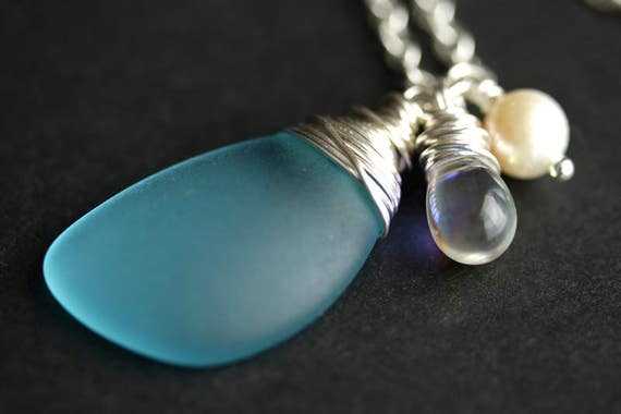 Seaglass Necklace. Wing Necklace. Sea Glass Necklace. [Choose Your Color] Frosted Glass Necklace. Handmade Jewelry.
