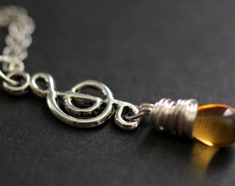 Music Necklace. Treble Clef Necklace. Honey Teardrop Necklace. Musical Note Necklace in Silver. Handmade Jewellery.