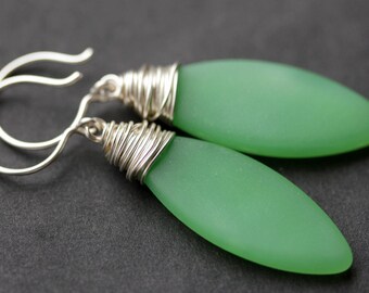 Seafoam Seaglass Earrings. Green Seaglass Dangle Earrings. Marquis Style Frosted Earrings. Wire Wrapped Earrings. Handmade Jewelry.