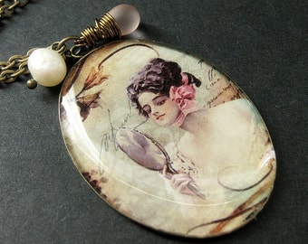 Narcissistic Beauty Necklace. Vintage Woman Charm Necklace with Pink Teardrop and Fresh Water Pearl. Handmade Jewelry.