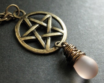 Bronze Pentacle Necklace. Frosted Pink Teardrop Necklace. Pagan Necklace. Handmade Jewelry.