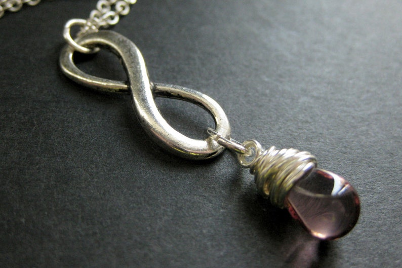 Purple Necklace. Wire Wrapped Teardrop Necklace. Silver Infinity Pendant Necklace. Handmade Jewelry. image 1