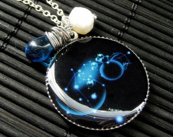 Aquarius Necklace. Sun Sign Zodiac Jewelry with Teal Blue Teardrop and Fresh Water Pearl. Handmade Jewelry.