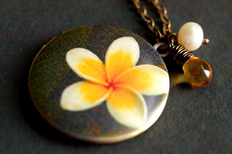 Frangipani Necklace. Yellow Flower Locket Necklace