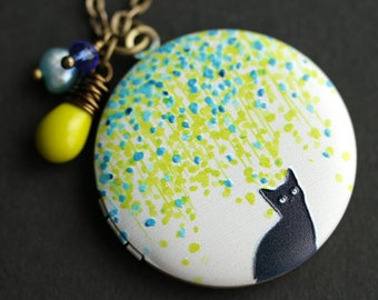 Black Kitten Locket Necklace. Spring Colors Cat Necklace with Chartreuse Teardrop, Aqua Fresh Water Pearl, and Cobalt Blue Crystal.