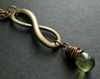 Wire Wrapped Bronze Infinity Symbol Necklace. Green Necklace. Teardrop Necklace. Handmade Jewelry.