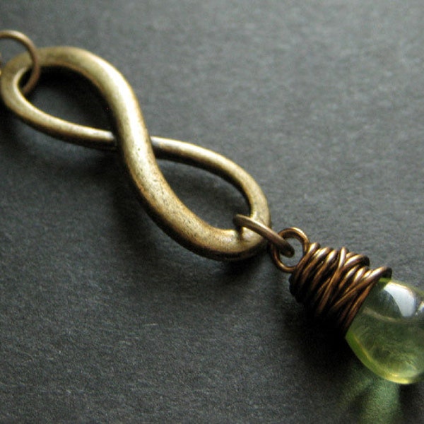 Wire Wrapped Bronze Infinity Symbol Necklace. Green Necklace. Teardrop Necklace. Handmade Jewelry.