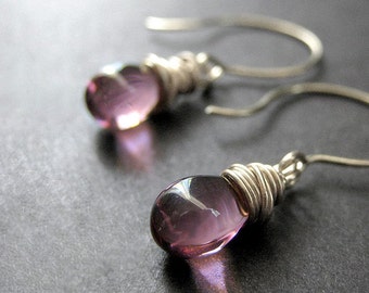 Wire Wrapped Orchid Purple Clear Drop Earrings in Silver. Handmade Jewelry.