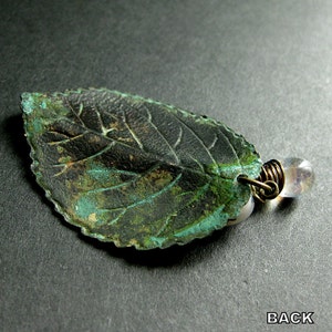 Leaf Necklace Charm Necklace in Green with Wire Wrapped Teardrop and Fresh Water Pearl. Handmade Jewelry. image 4