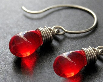 STERLING SILVER Wire Wrapped Earrings - Blood Red Clear Teardrop Earrings. Handmade Jewelry.