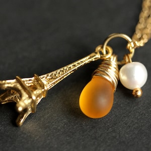 Gold Eiffel Tower Necklace. French Necklace. Eiffel Tower Charm Necklace with Glass Teardrop and Pearl. Gold Necklace. Handmade Jewellery.