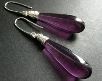 Long Earrings. Extra Long Teardrop Earrings. Purple Earrings Wire Wrapped in Silver. Handmade Jewelry.