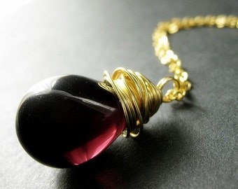 Extra Large Purple Solitaire Necklace. Purple Teardrop Necklace Wire Wrapped in Gold. Handmade Necklace.