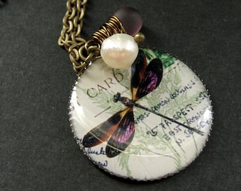 Purple Dragonfly Necklace. Dragonfly Pendant with Fresh Water Pearl and Purple Teardrop. Handmade Jewelry.