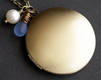 Matte Brass Locket Necklace with Wire Wrapped Glass Teardrop and Fresh Water Pearl. Circle Locket. Plain Bronze Locket. Handmade Jewelry.
