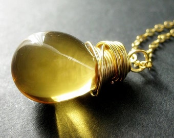 Extra Large Honey Solitaire Necklace. Honey Teardrop Necklace Wire Wrapped in Gold. Handmade Necklace.