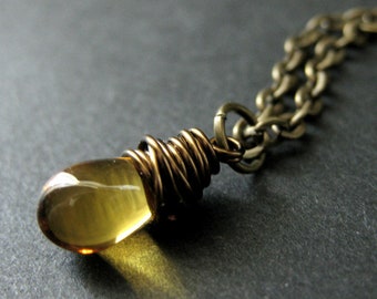 Teardrop Necklace. Honey Glass Teardrop Necklace in Bronze. Bridesmaid Necklace. Handmade Jewelry.