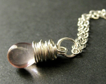 Pink Teardrop Necklace in Silver. Bridesmaid Necklace. Wire Wrapped Teardrop Pendant. Handmade Jewelry.