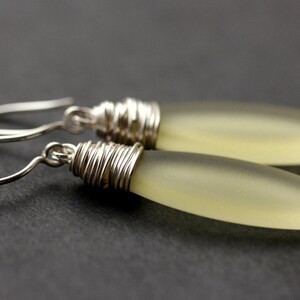 Pale Yellow Seaglass Earrings. Seaglass Dangle Earrings. Marquis Style Frosted Earrings. Wire Wrapped Earrings. Handmade Jewelry. image 2