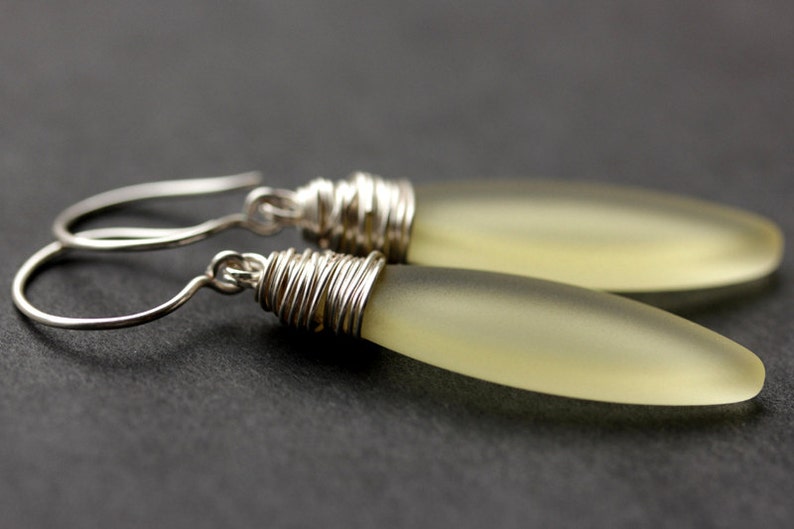 Pale Yellow Seaglass Earrings. Seaglass Dangle Earrings. Marquis Style Frosted Earrings. Wire Wrapped Earrings. Handmade Jewelry. image 2