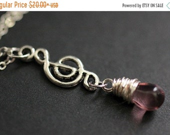 SUMMER SALE Purple Teardrop Necklace. Musical Note Necklace. Music Necklace. Treble Clef Necklace in Silver. Handmade Jewelry.