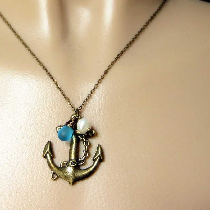 Anchor Pendant Necklace. Sailor Necklace in Bronze with Turquoise Teardrop and Pearl. Handmade Jewelry. image 3