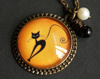 Black Cat Necklace. Halloween Necklace. Orange Necklace with Black Teardrop and Fresh Water Pearl. Halloween Jewelry. Bronze Necklace.