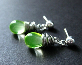 Stud Earrings : Silver Wire Wrapped Mountain Dew Colored Glass Teardrop Post Earrings. Handmade Jewelry.