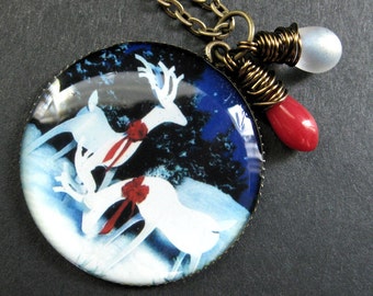 Christmas Reindeer Necklace. Holiday Pendant with Red Coral and Frosted White Teardrop. Handmade Jewelry.