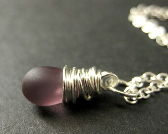 Clouded Purple Teardrop Necklace in Silver. Bridesmaid Jewelry. Wire Wrapped Teardrop Pendant. Handmade Necklace.