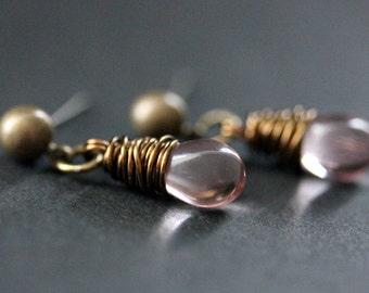 BRONZE Earrings - Light Pink Teardrop Earrings. Dangle Earrings. Post Earrings. Handmade Jewelry.