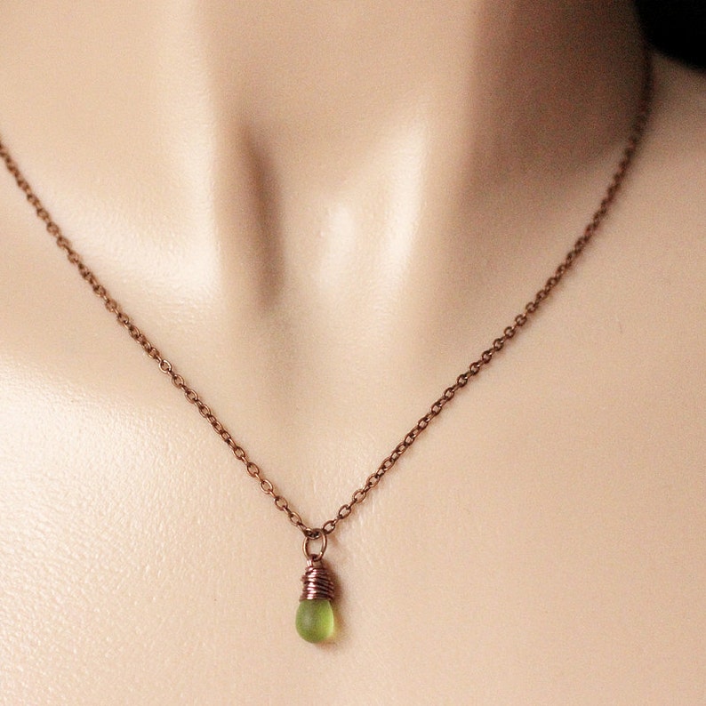 Frosted Green Teardrop Necklace. Copper Necklace. Teardrop Etsy