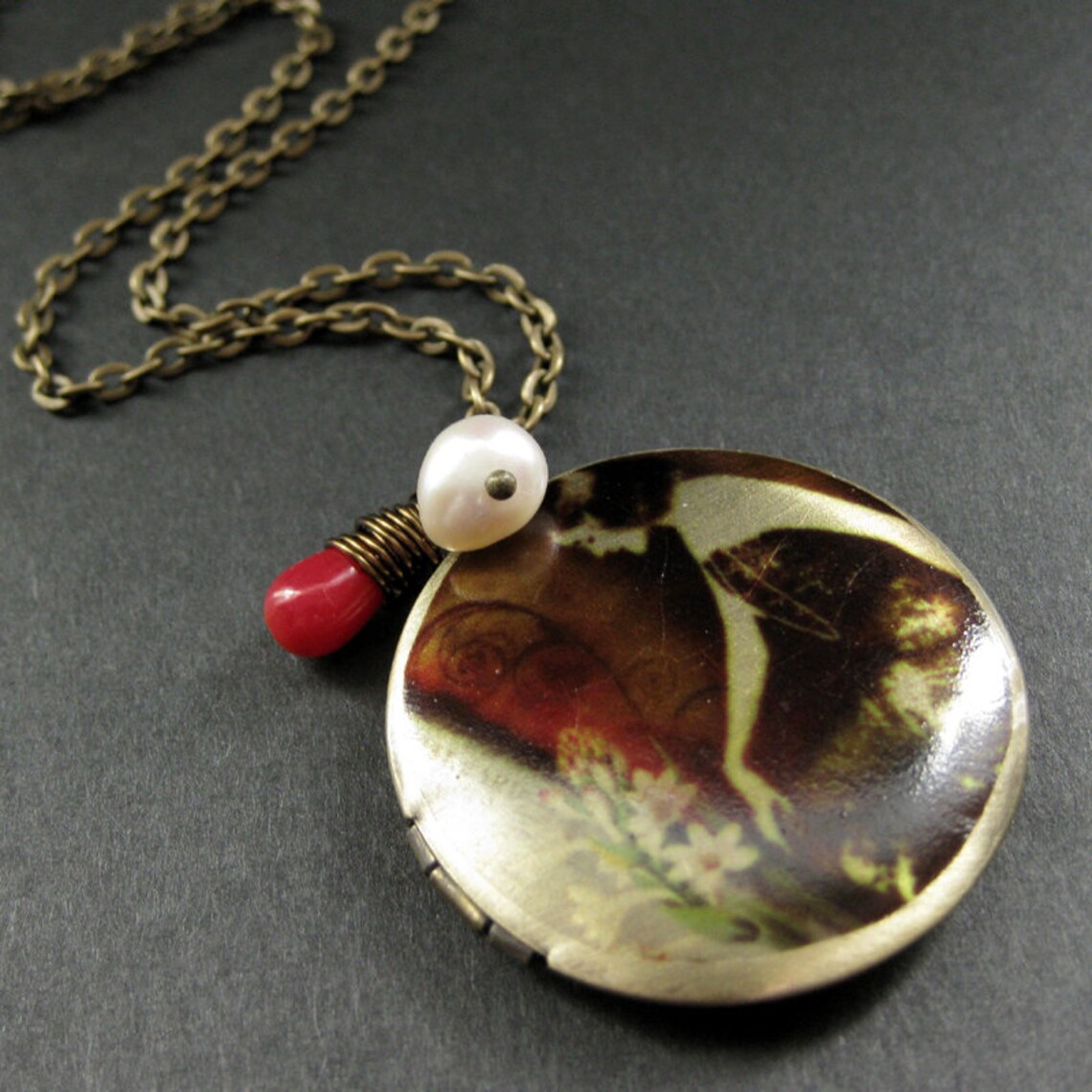 Sultry Lady Locket Necklace. Art Nouveau Necklace With Red Coral and ...