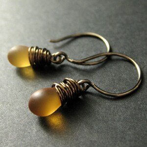 BRONZE Earrings Frosted Honey Drop Earrings, Wire Wrapped Teardrop Earrings. Handmade Jewelry. image 5