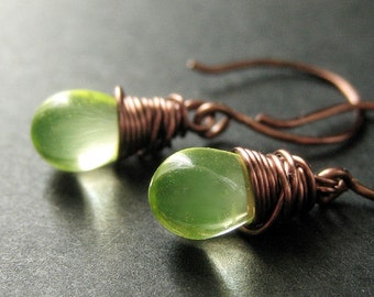 COPPER Earrings - Lemon Green Teardrop Dangle Earrings, Wire Wrapped Copper Earrings. Handmade Jewelry.