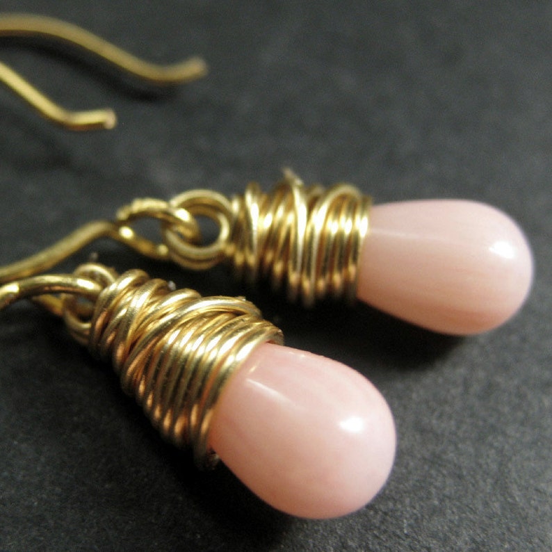 Teardrop Earrings. Pink Coral Earrings. Pink Wire Wrapped Earrings in Gold. Handmade Jewelry. image 2