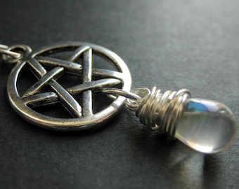 Pagan Jewelry. Silver Pentagram Necklace. Clear Teardrop Pendant Necklace. Handmade Jewelry.
