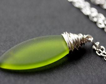 Olive Seaglass Necklace. Green Necklace. Olive Green Frosted Glass Necklace. Marquis Necklace in Silver. Handmade Jewelry.