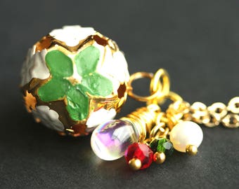 Green Poinsettia Necklace. Christmas Bell Necklace. Holiday Necklace in Red and Green. Gold Bell Necklace. Christmas Jewelry.