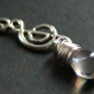 Musical Note Necklace. Music Necklace. Treble Clef Necklace. Clear Teardrop Necklace in Silver. Handmade Jewellery.