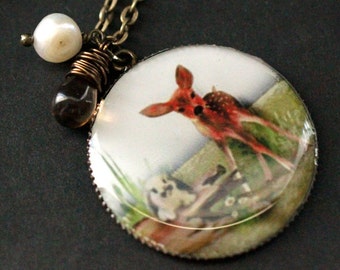 Woodland Necklace. Baby Deer Pendant with Brown Glass Teardrop and Fresh Water Pearl. Deer Necklace. Wildlife Jewelry. Handmade Jewelry.