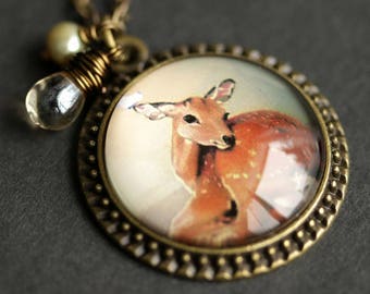 Sleepy Deer Necklace. Baby Deer Pendant. Fawn Necklace with Pale Brown Teardrop and Fresh Water Pearl. Wildlife Necklace. Bronze Necklace.