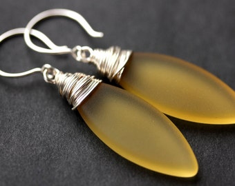 Honey Seaglass Earrings. Seaglass Dangle Earrings. Marquis Style Frosted Earrings. Wire Wrapped Earrings. Handmade Jewelry.