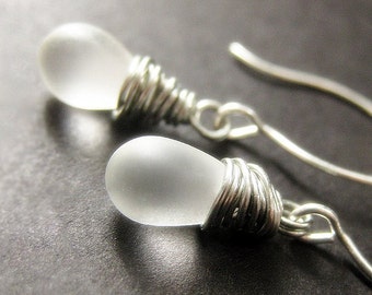 Wire Wrapped Frosted Iridescent White Teardrop Earrings in Silver. Handmade Jewelry.